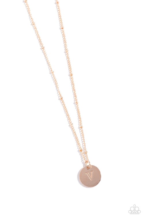 Initial Elegance - Rose Gold - V - Paparazzi Necklace Image