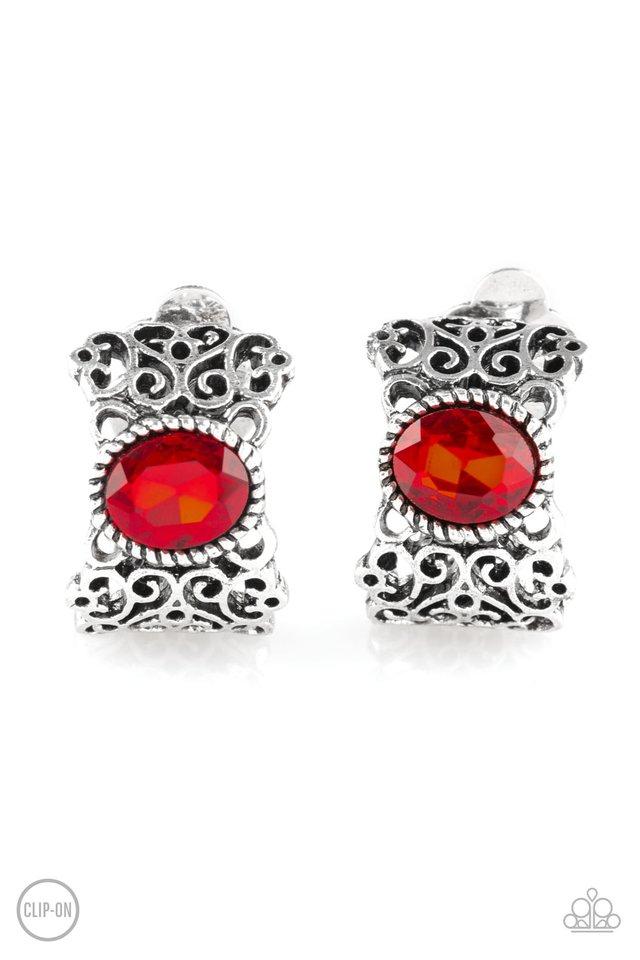 Paparazzi Earring ~ Glamorously Grand Duchess - Red Clip-On