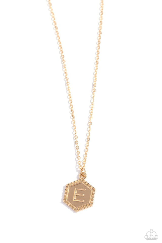 Emblematic Elegance - Gold - E - Paparazzi Necklace Image