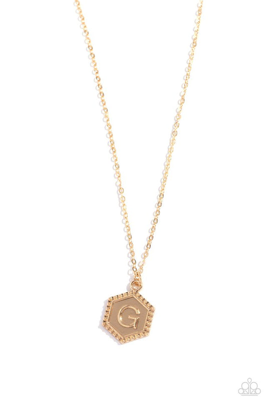 Emblematic Elegance - Gold - G - Paparazzi Necklace Image