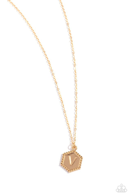 Emblematic Elegance - Gold - V - Paparazzi Necklace Image