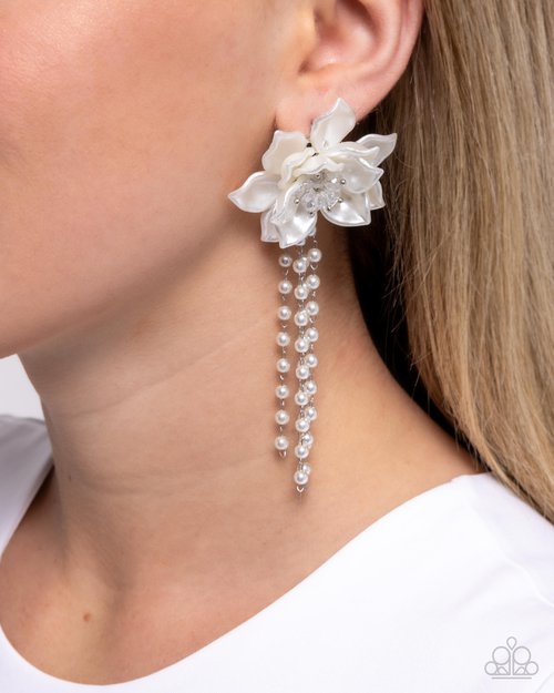 Lotus Length - White - Paparazzi Earring Image