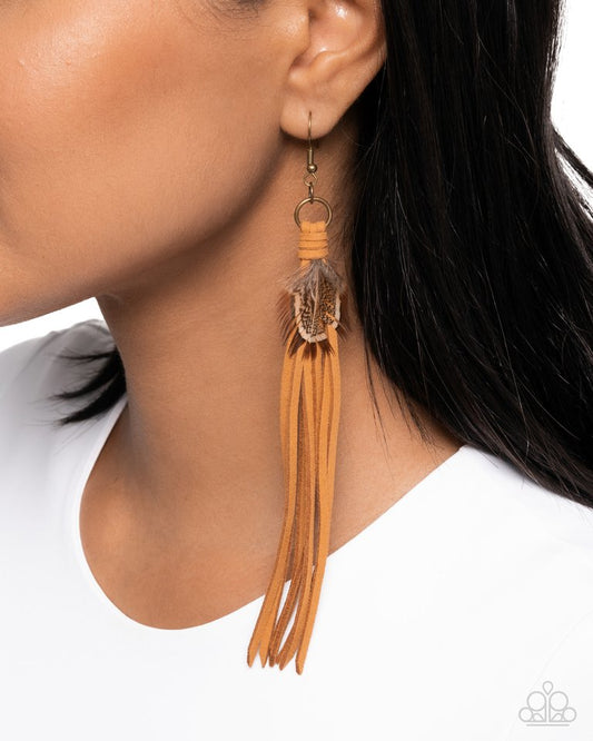 Feathered Festivity - Brass - Paparazzi Earring Image