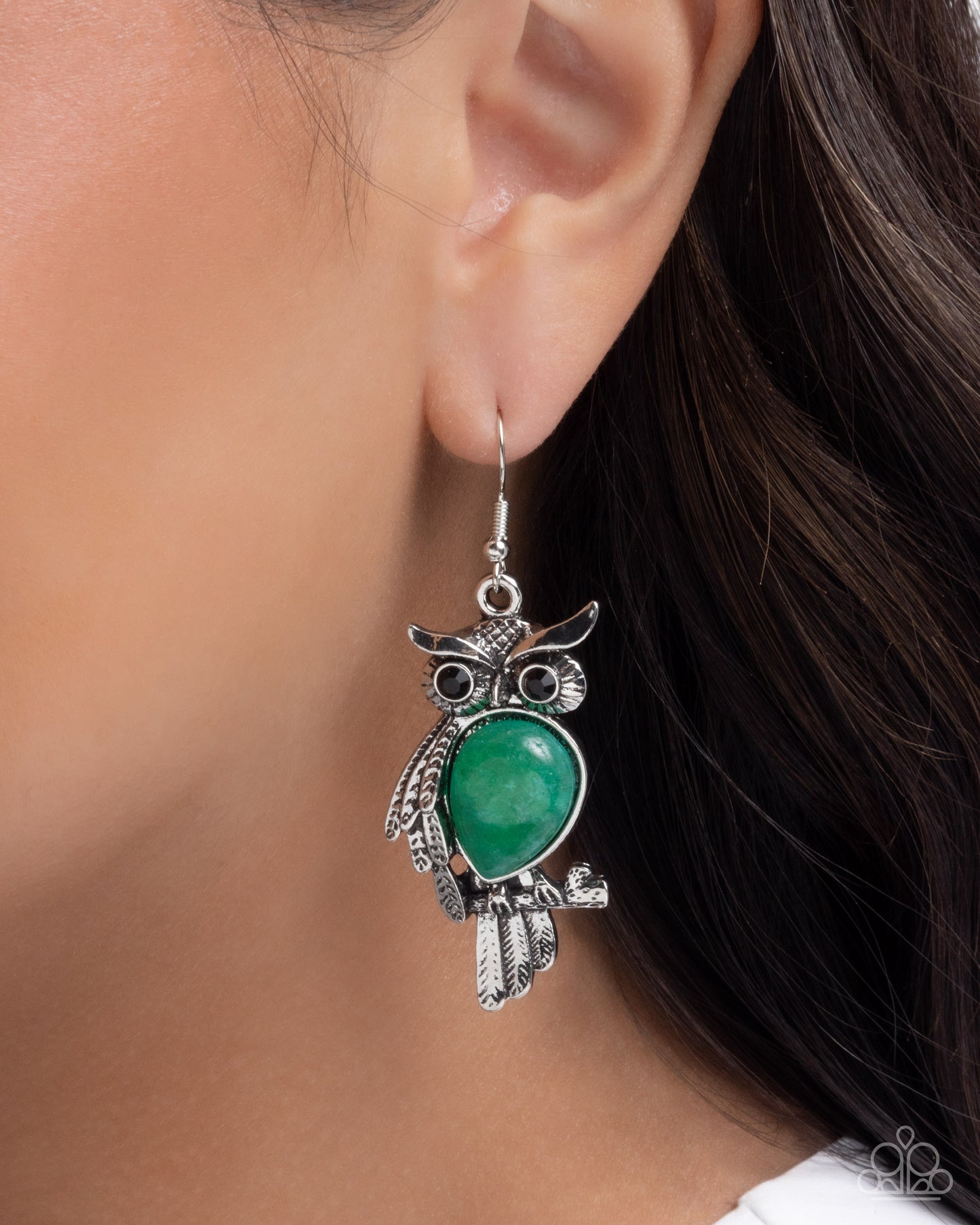 Owl Observation - Green - Paparazzi Earring Image