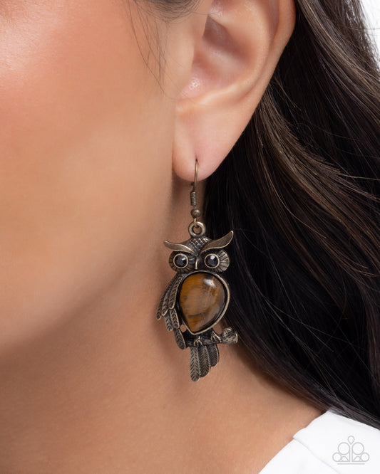 Owl Observation - Brass - Paparazzi Earring Image