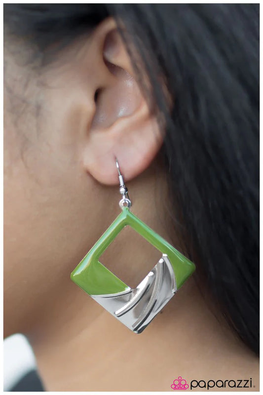 Paparazzi Earring ~ Square Dancin - Green