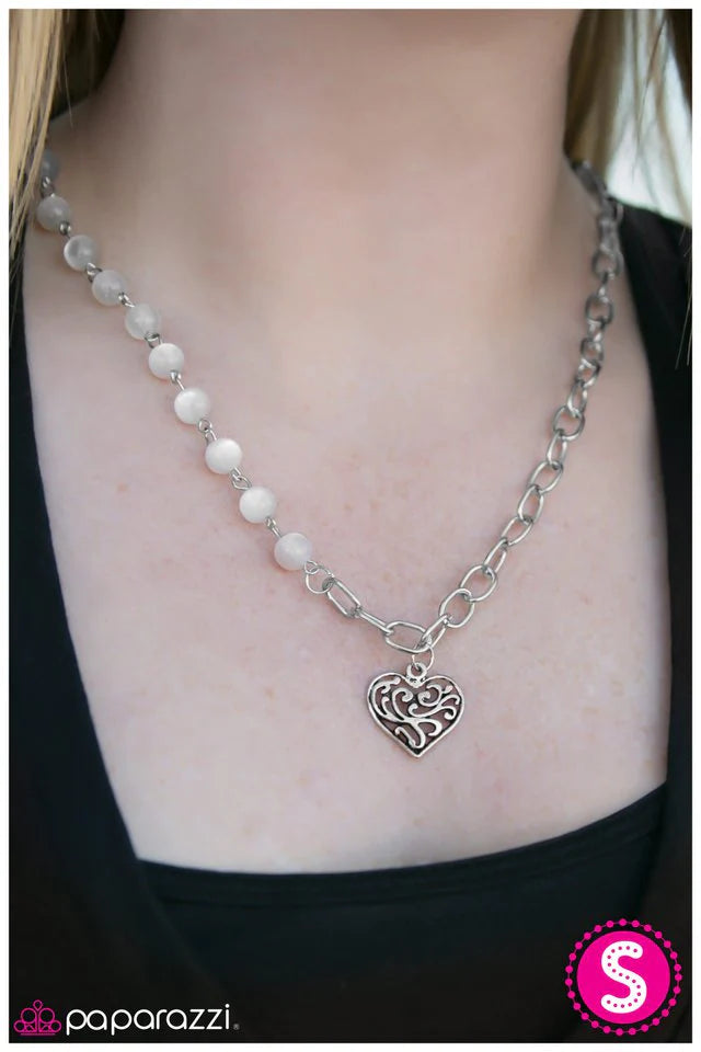 Paparazzi Necklace ~ This May HEART A Little - White