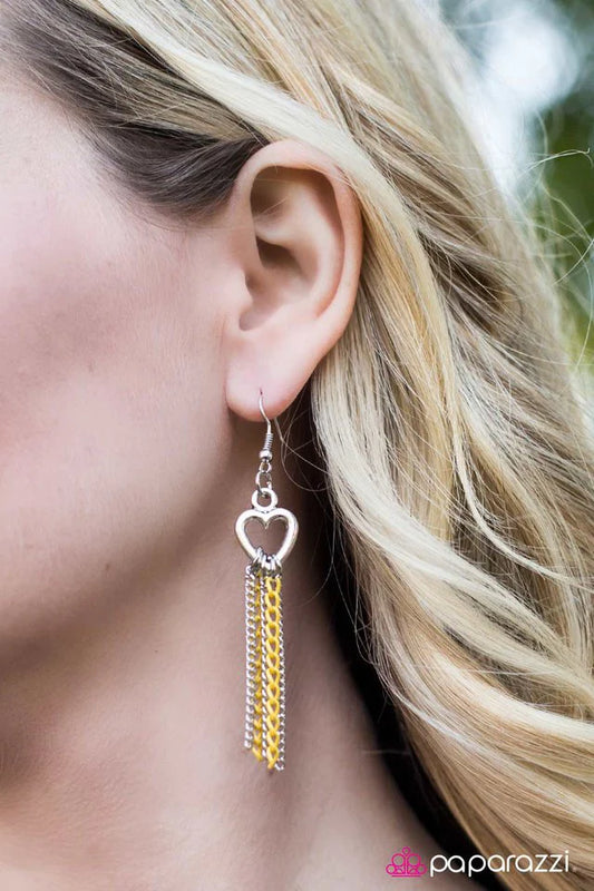 Paparazzi Earring ~ Two Of Hearts - Yellow