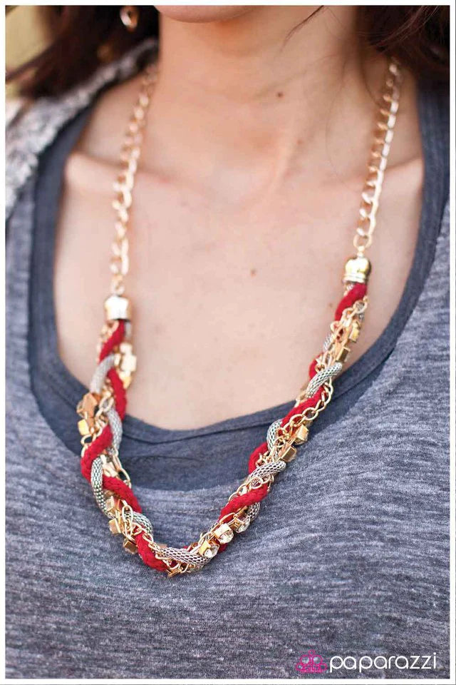 Paparazzi Necklace ~ Braided Treasure - Red