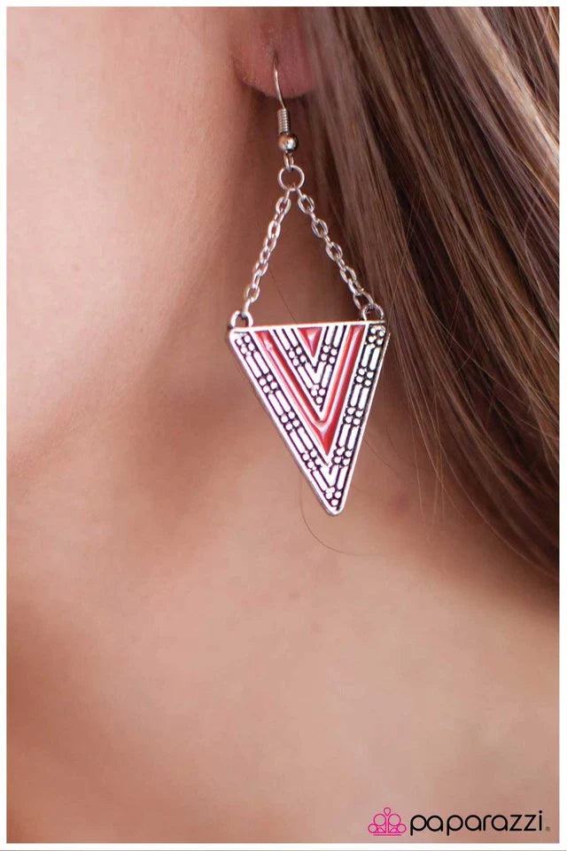 Paparazzi Earring ~ Tri-A-New-Angle - Red