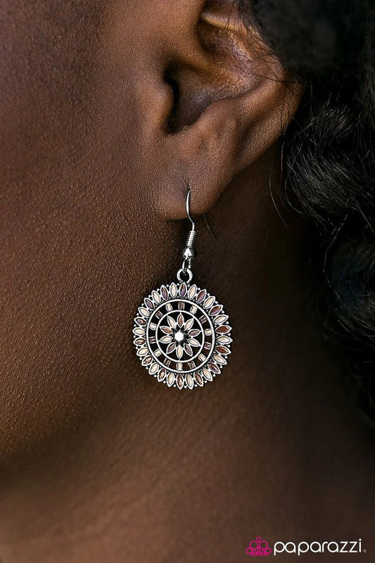 Paparazzi Earring ~ Flowers and Ferris Wheels - Brown