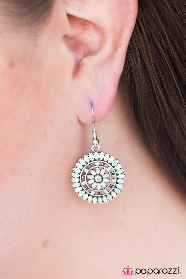 Paparazzi Earring ~ Flowers and Ferris Wheels - Green