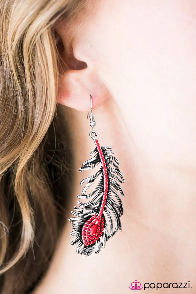 Paparazzi Earring ~ Fallen Feather - Red