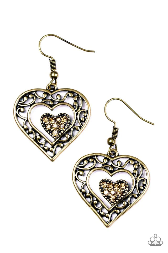 Paparazzi Earring ~ Hopeful Hearts - Brass