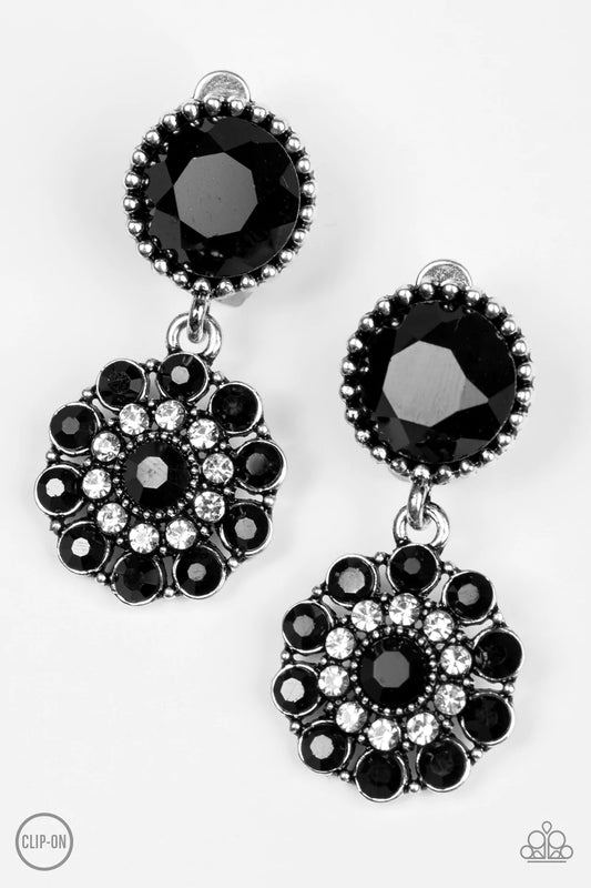 Paparazzi Earring ~ Glittering Gardenias - Black Clip-On