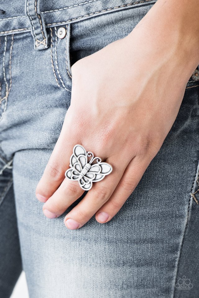 Sky High Butterfly - Silver - Paparazzi Ring Image