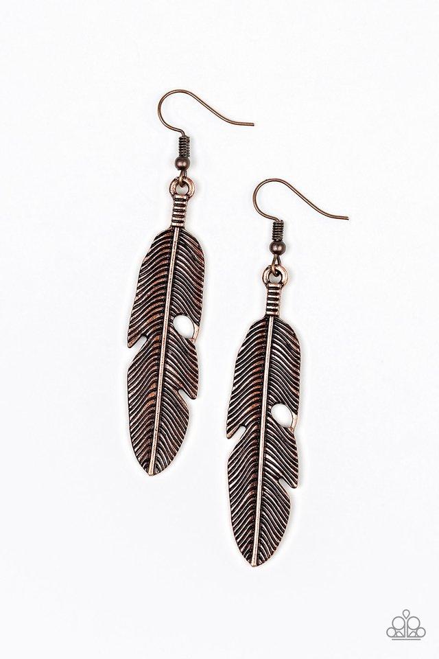 Paparazzi Earring ~ Feathers QUILL Fly - Copper