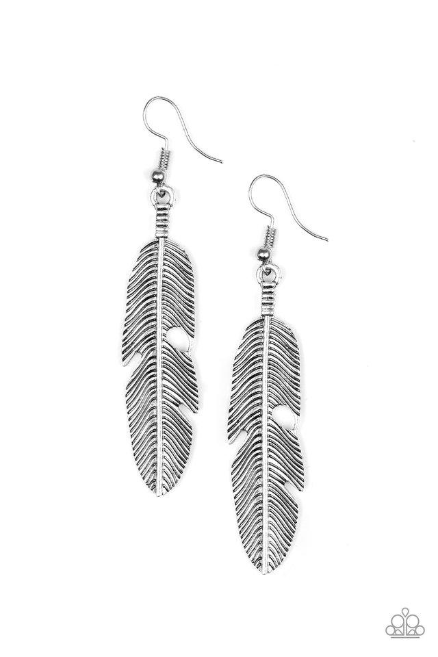 Paparazzi Earring ~ Feathers QUILL Fly - Silver