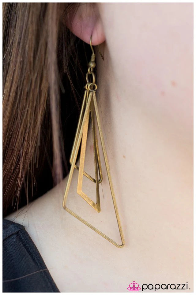 Paparazzi Earring ~ Triangle Trifecta - Brass