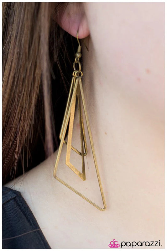 Paparazzi Earring ~ Triangle Trifecta - Brass