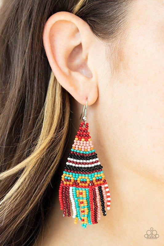 Paparazzi Earring ~ Beaded Bohemian- Red