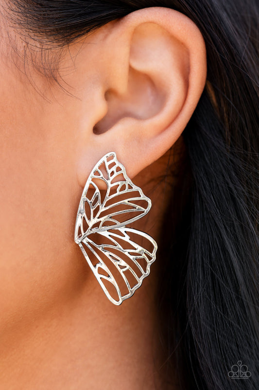 Paparazzi Earrings ~ Butterfly Frills - Silver